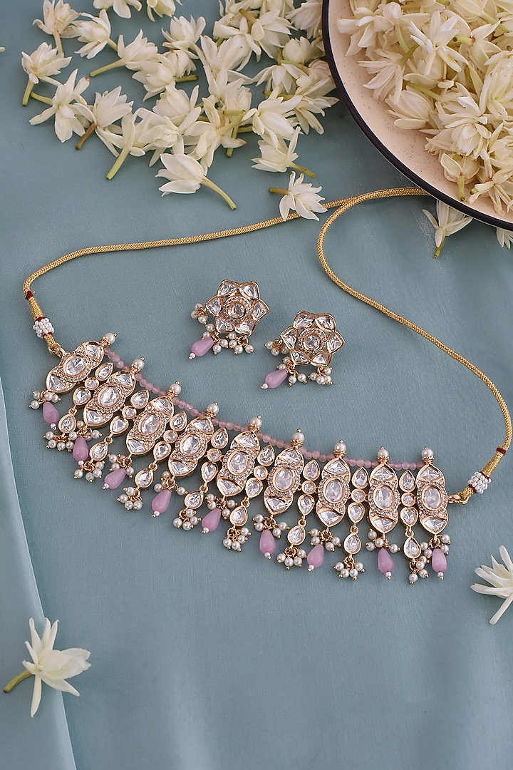 Gold Finish Kundan Polki Necklace Set by Swabhimann Jewellery at Pernia's Pop Up Shop
