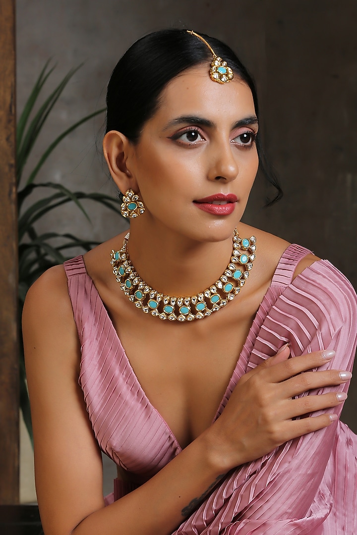 Gold Finish Kundan Polki & Turquoise Stones Necklace Set by Swabhimann Jewellery at Pernia's Pop Up Shop