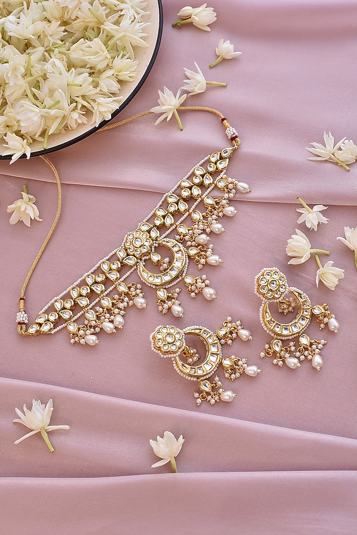 Gold Finish Necklace Set With Kundan Polki by Swabhimann Jewellery at Pernia's Pop Up Shop