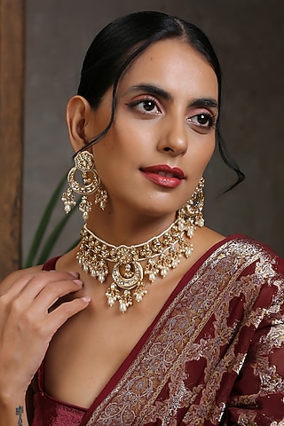 Gold Finish Necklace Set With Kundan Polki by Swabhimann Jewellery