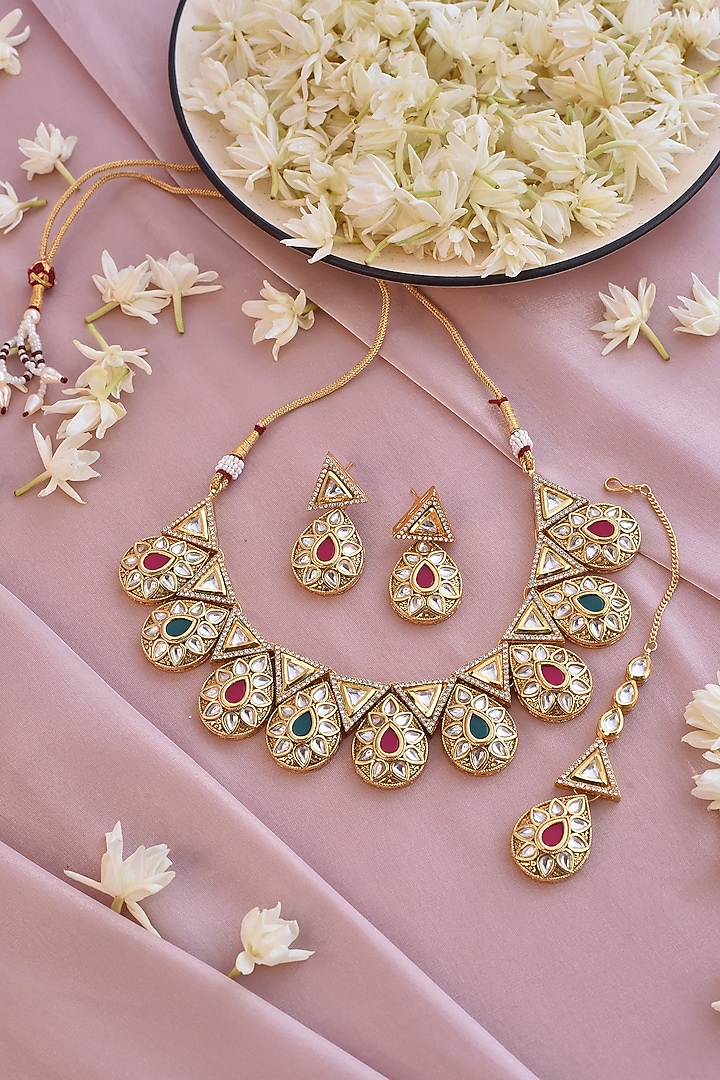 Gold Finish Necklace Set In Mixed Metal by Swabhimann Jewellery at Pernia's Pop Up Shop
