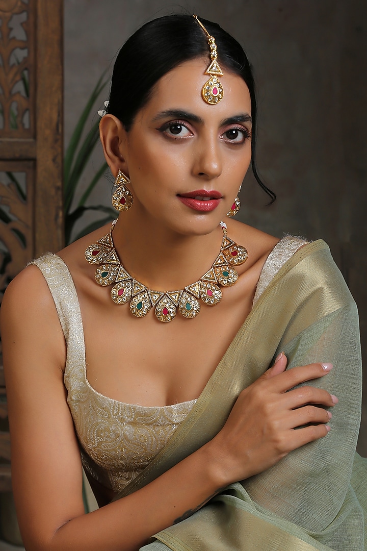Gold Finish Necklace Set In Mixed Metal by Swabhimann Jewellery at Pernia's Pop Up Shop