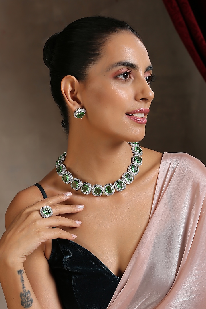 Silver Finish Emerald Stones Necklace Set by Swabhimann Jewellery