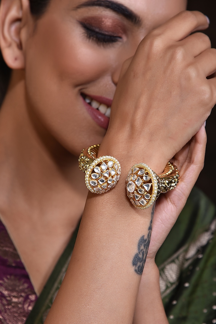 Gold Finish Kundan Polki & Pearls Kada by Swabhimann Jewellery at Pernia's Pop Up Shop