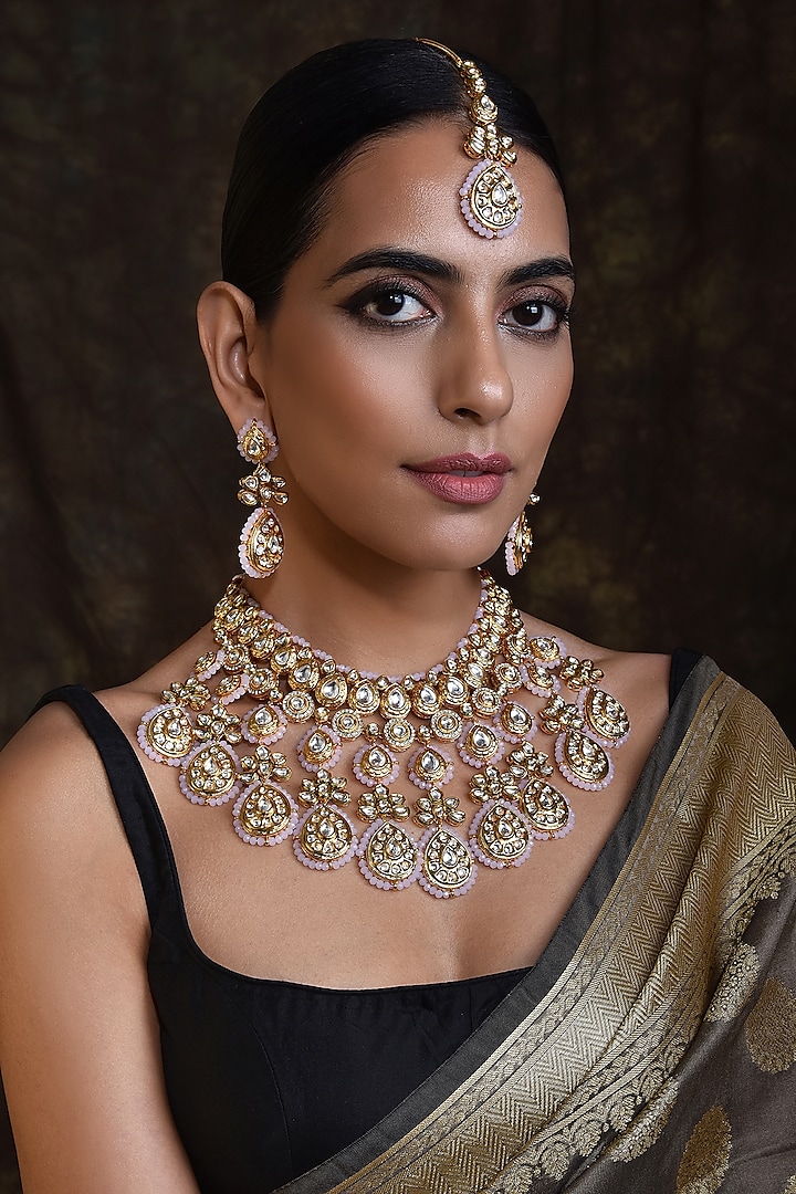 Gold Finish Kundan Polki Bridal Necklace Set by Swabhimann Jewellery at Pernia's Pop Up Shop