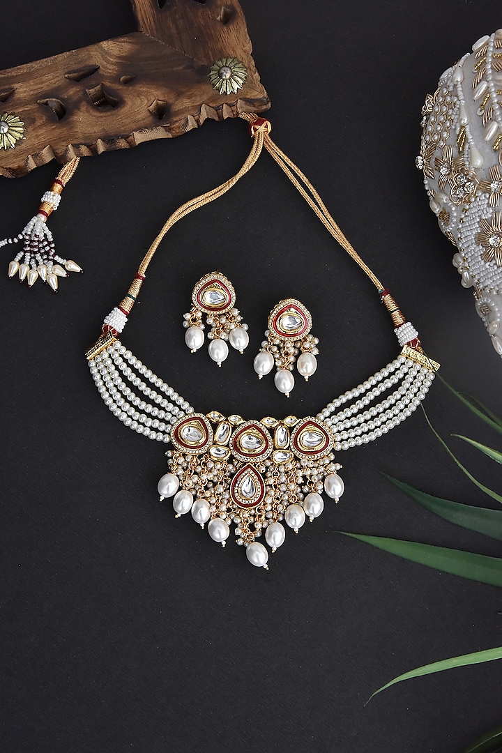 Gold Finish Shell Pearls And Kundan Polki Necklace Set By Swabhimann