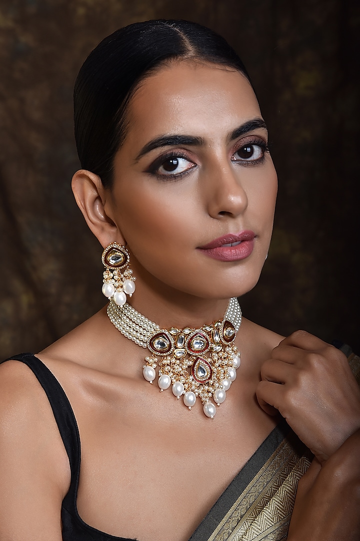 Gold Finish Shell Pearls & Kundan Polki Necklace Set by Swabhimann Jewellery