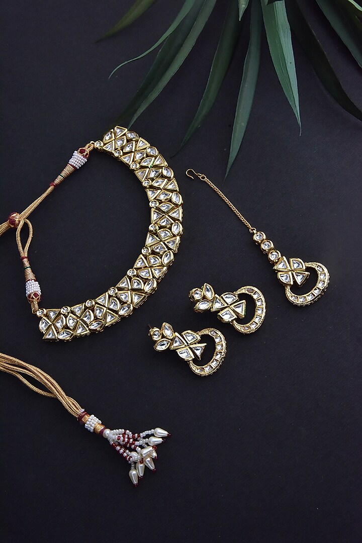 Gold Finish Kundan Polki Handcrafted Necklace Set by Swabhimann Jewellery at Pernia's Pop Up Shop