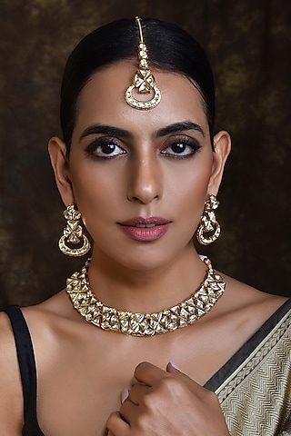 Gold Finish Kundan Polki Handcrafted Necklace Set by Swabhimann Jewellery
