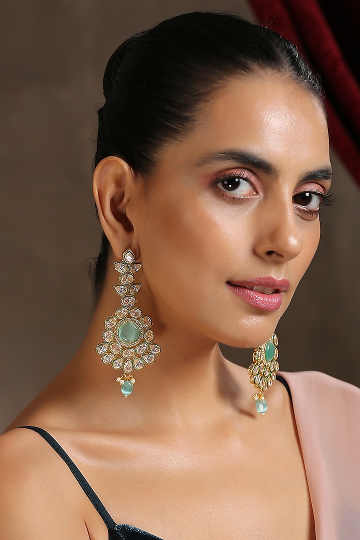 Gold Finish Kundan Polki Earrings by Swabhimann Jewellery at Pernia's Pop Up Shop