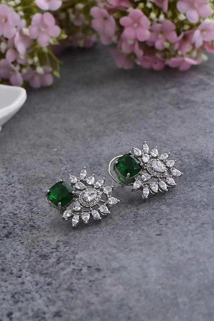 White Finish Green Synthetic Stone & Zirconia Dangler Earrings by Swabhimann Jewellery at Pernia's Pop Up Shop