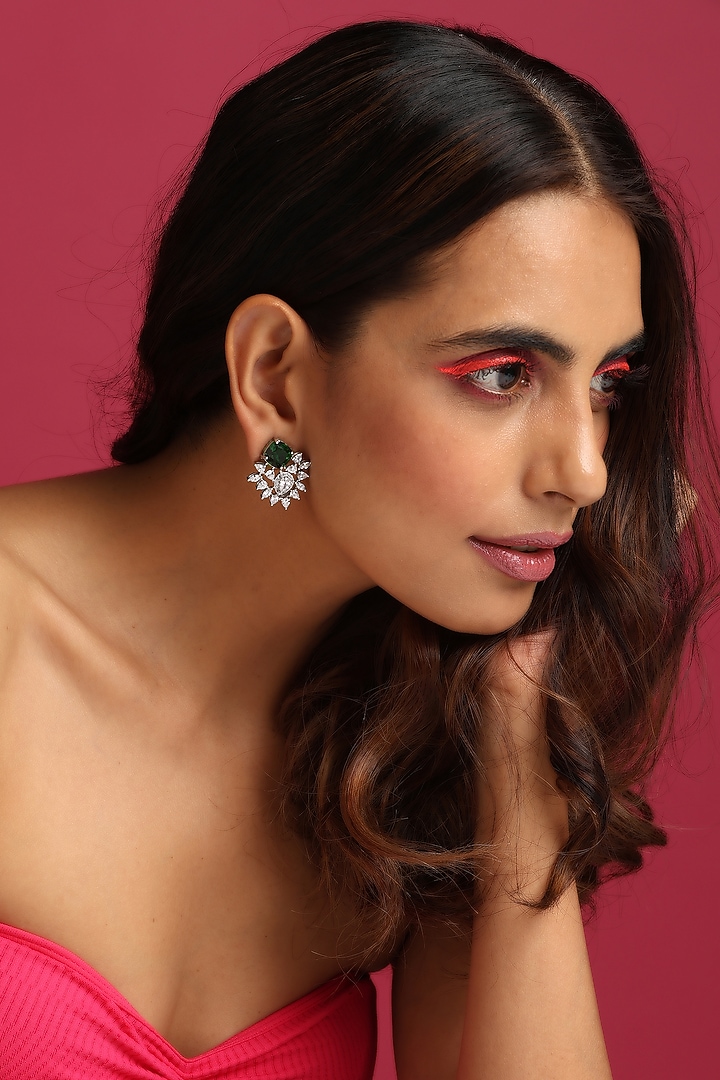White Finish Green Synthetic Stone & Zirconia Dangler Earrings by Swabhimann Jewellery at Pernia's Pop Up Shop
