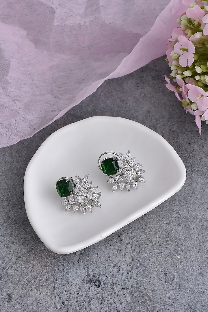 White Finish Green Synthetic Stone & Zirconia Dangler Earrings by Swabhimann Jewellery at Pernia's Pop Up Shop