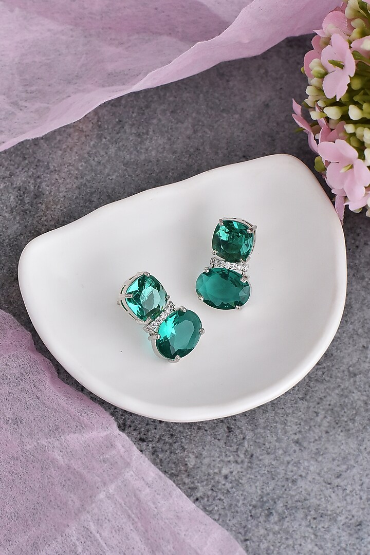 White Finish Green Synthetic Stone & Zirconia Dangler Earrings by Swabhimann Jewellery at Pernia's Pop Up Shop