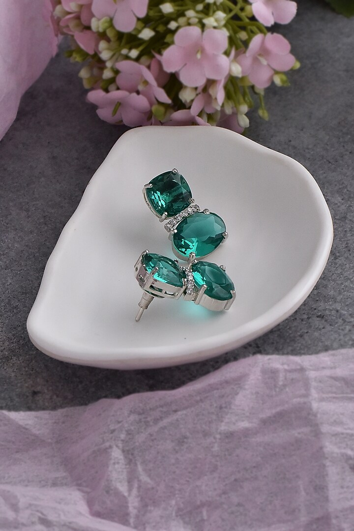 White Finish Green Synthetic Stone & Zirconia Dangler Earrings by Swabhimann Jewellery at Pernia's Pop Up Shop