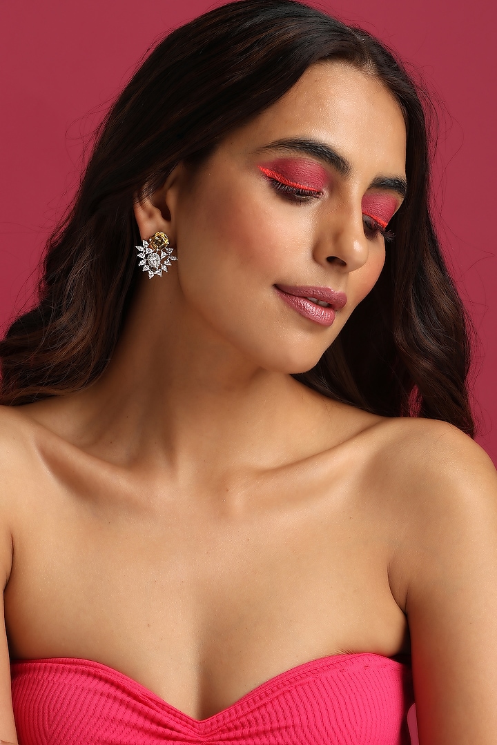 White Finish Yellow Synthetic Stone & Zirconia Stud Earrings by Swabhimann Jewellery at Pernia's Pop Up Shop