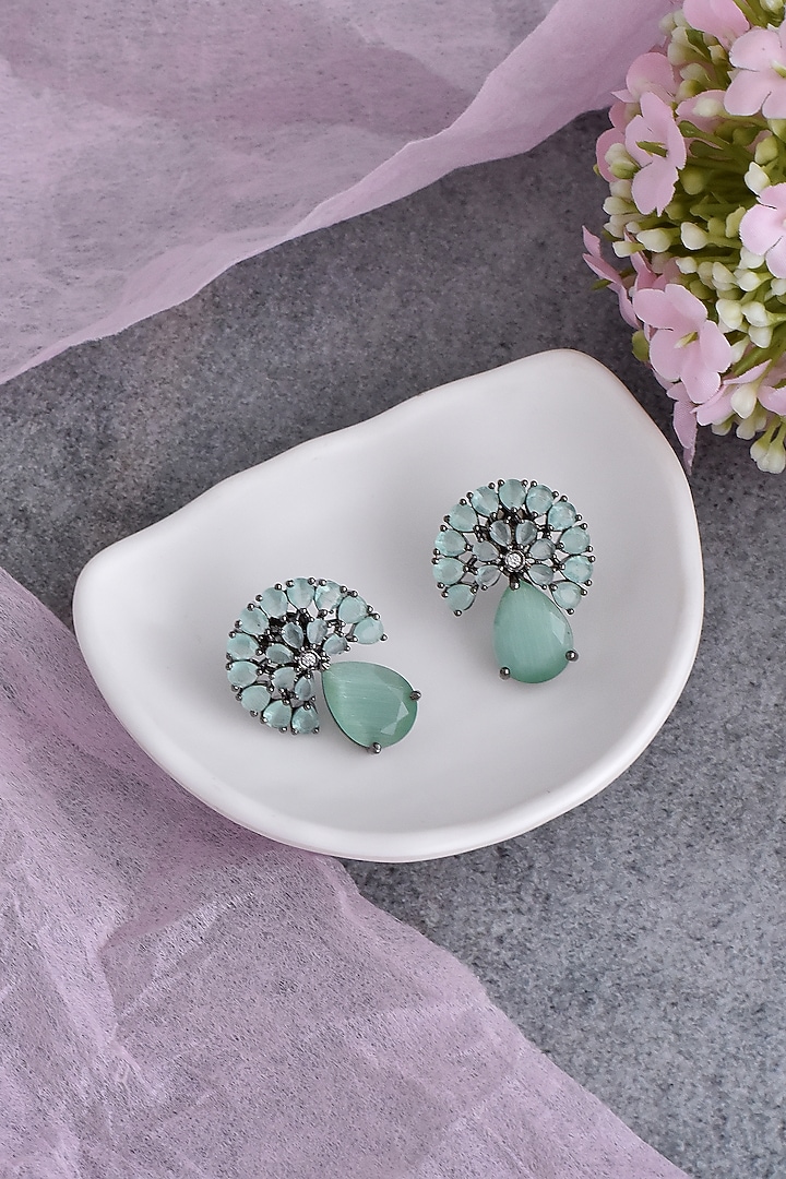 Black Rhodium Finish Green Synthetic Stone & Zirconia Dangler Earrings by Swabhimann Jewellery at Pernia's Pop Up Shop