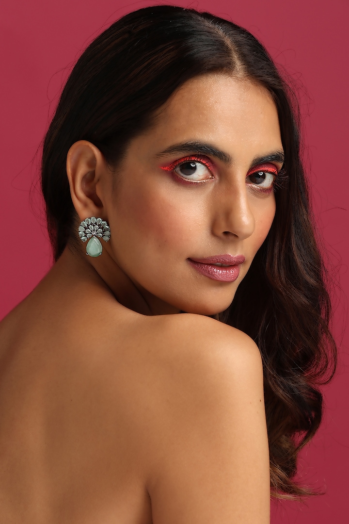 Black Rhodium Finish Green Synthetic Stone & Zirconia Dangler Earrings by Swabhimann Jewellery at Pernia's Pop Up Shop