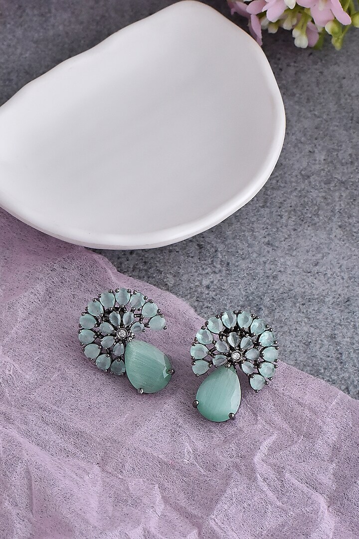 Black Rhodium Finish Green Synthetic Stone & Zirconia Dangler Earrings by Swabhimann Jewellery at Pernia's Pop Up Shop