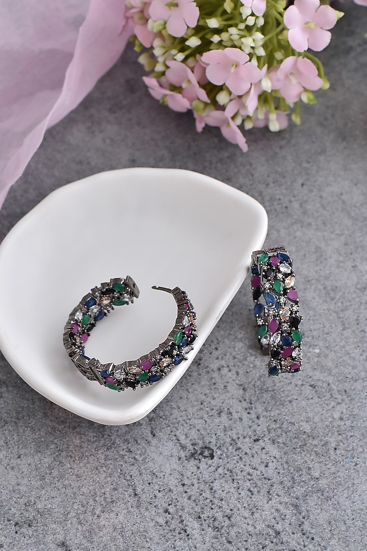 Black Rhodium Finish Grey Synthetic Stone & Zirconia Hoop Earrings by Swabhimann Jewellery at Pernia's Pop Up Shop