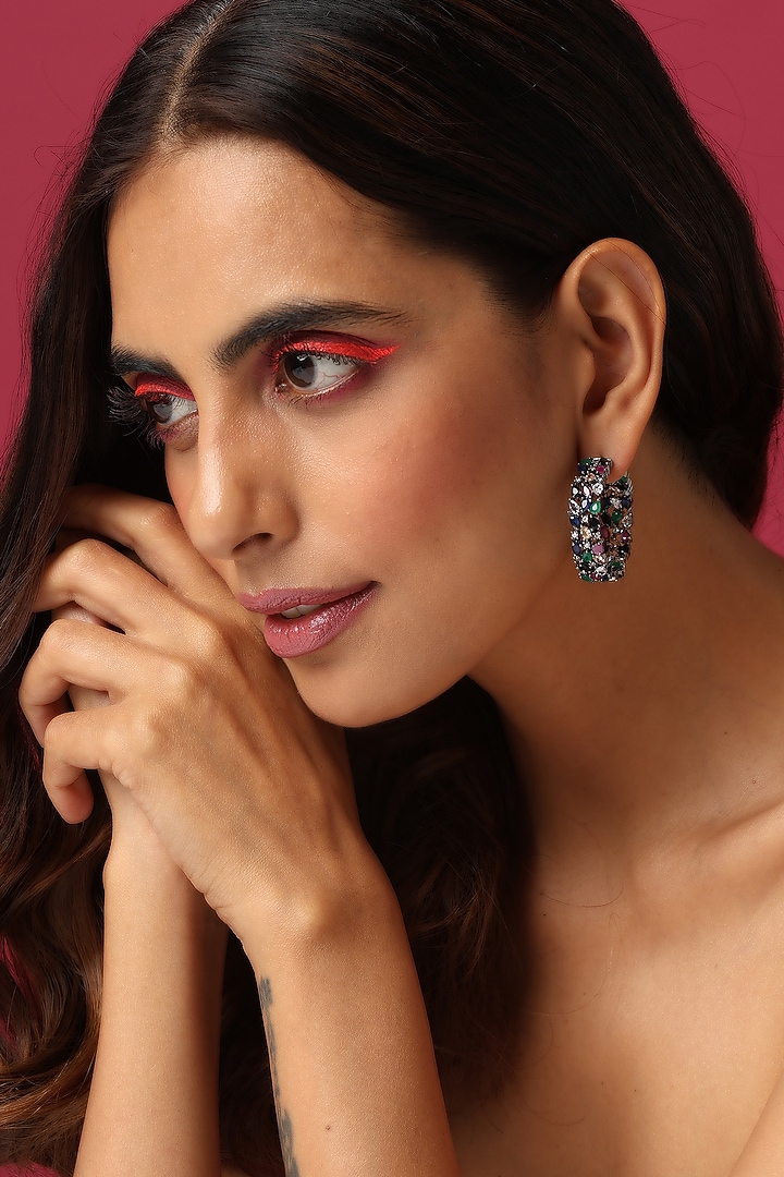 Black Rhodium Finish Grey Synthetic Stone & Zirconia Hoop Earrings by Swabhimann Jewellery at Pernia's Pop Up Shop