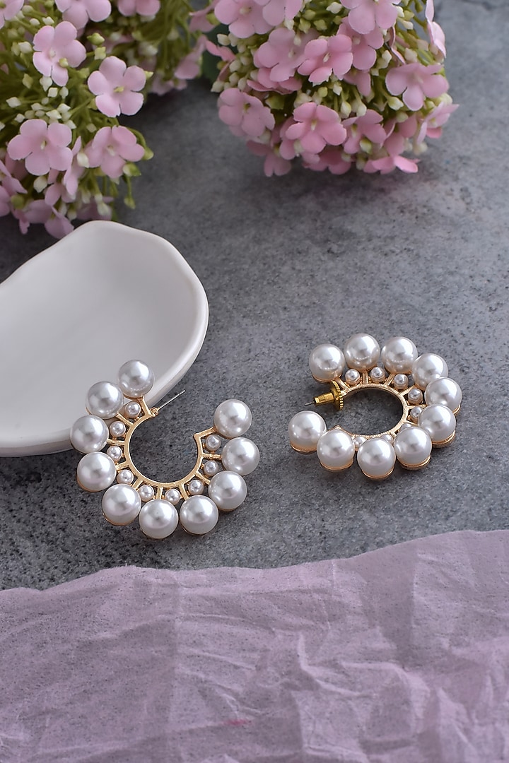 Gold Finish Pearl Hoop Earrings by Swabhimann Jewellery at Pernia's Pop Up Shop