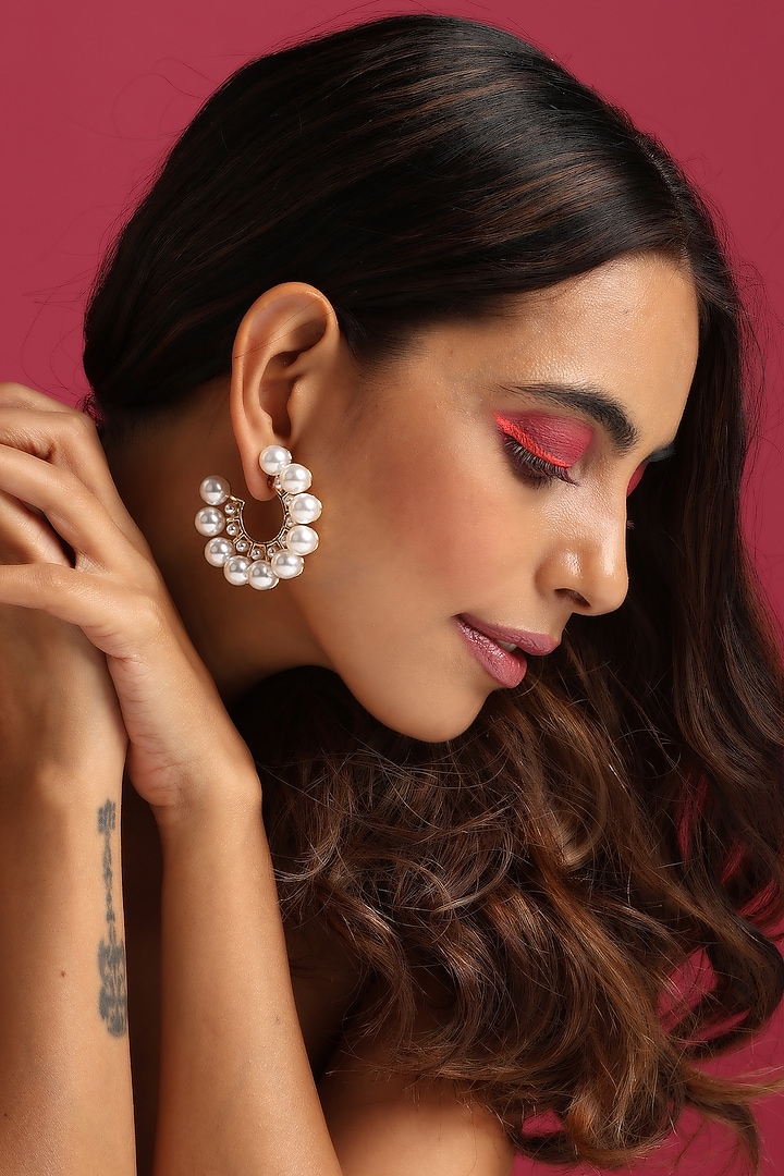 Gold Finish Pearl Hoop Earrings by Swabhimann Jewellery at Pernia's Pop Up Shop