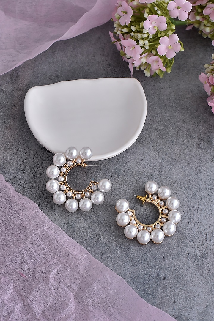 Gold Finish Pearl Hoop Earrings by Swabhimann Jewellery at Pernia's Pop Up Shop