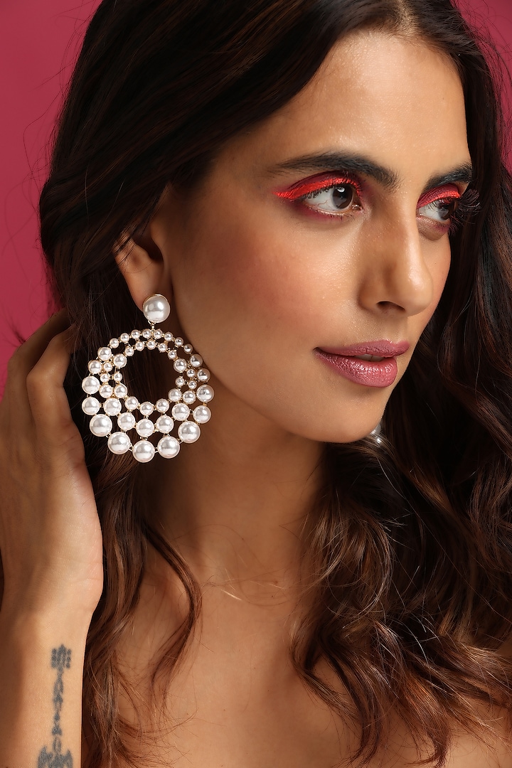 Gold Finish Pearl Dangler Earrings by Swabhimann Jewellery at Pernia's Pop Up Shop