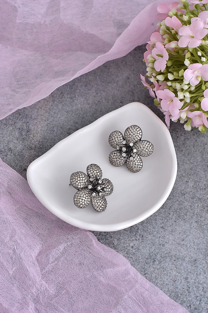 Black Rhodium Finish Synthetic Stone & Zirconia Stud Earrings by Swabhimann Jewellery at Pernia's Pop Up Shop