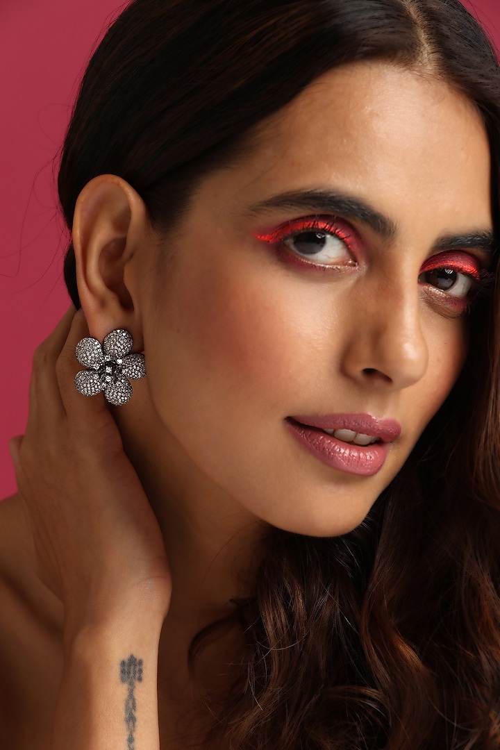 Black Rhodium Finish Synthetic Stone & Zirconia Stud Earrings by Swabhimann Jewellery at Pernia's Pop Up Shop