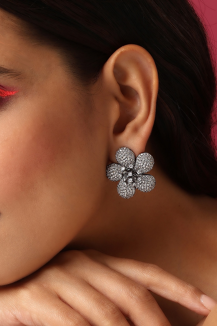 Black Rhodium Finish Synthetic Stone & Zirconia Stud Earrings by Swabhimann Jewellery at Pernia's Pop Up Shop