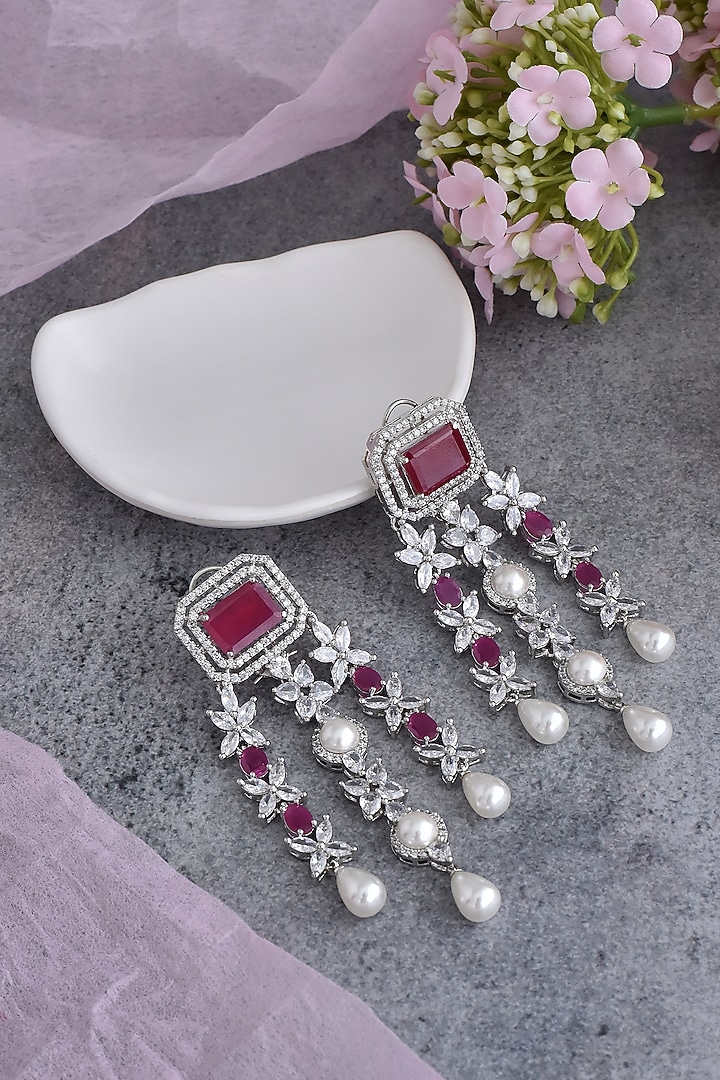 White Finish Red Synthetic Stone & Zirconia Dangler Earrings by Swabhimann Jewellery at Pernia's Pop Up Shop