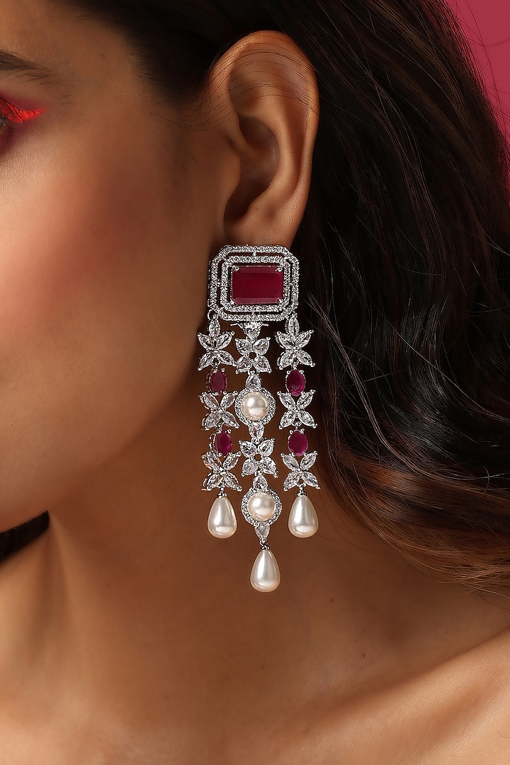 White Finish Red Synthetic Stone & Zirconia Dangler Earrings by Swabhimann Jewellery at Pernia's Pop Up Shop