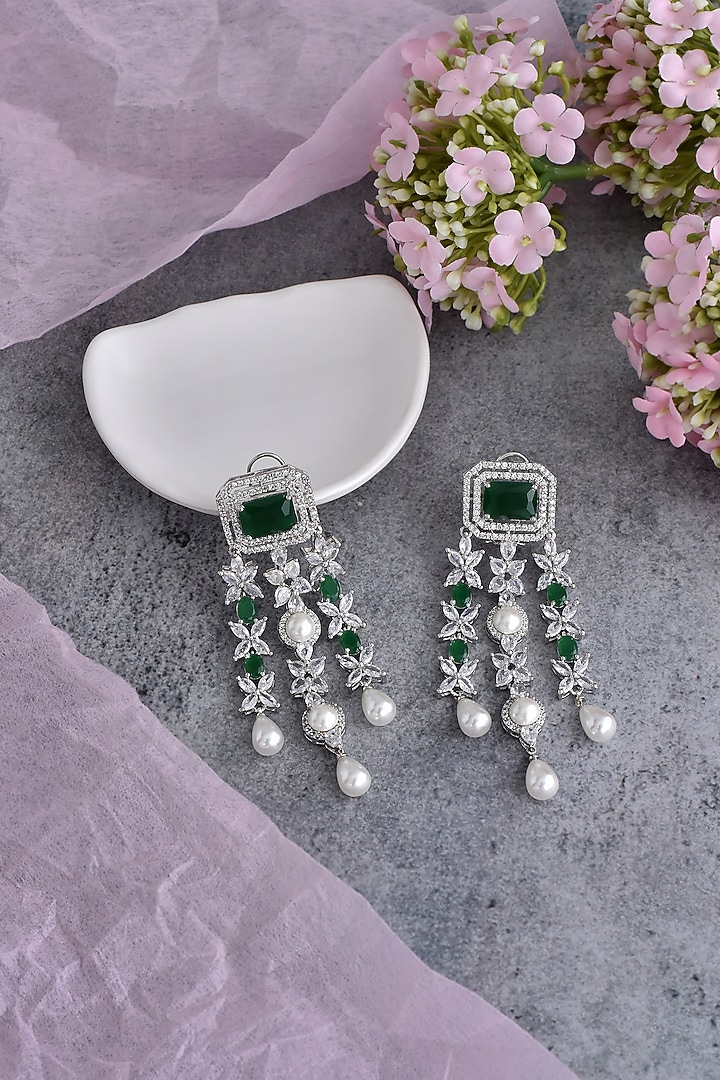 White Finish Green Synthetic Stone & Zirconia Dangler Earrings by Swabhimann Jewellery at Pernia's Pop Up Shop
