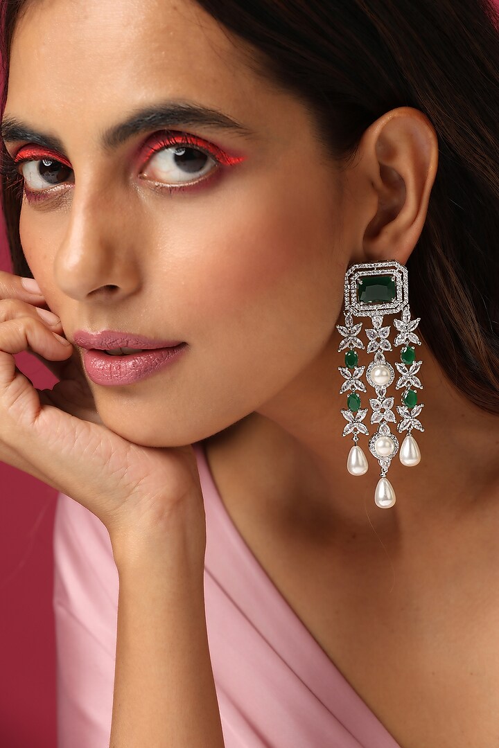 White Finish Green Synthetic Stone & Zirconia Dangler Earrings by Swabhimann Jewellery at Pernia's Pop Up Shop
