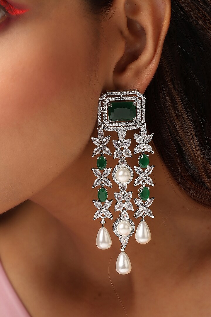 White Finish Green Synthetic Stone & Zirconia Dangler Earrings by Swabhimann Jewellery at Pernia's Pop Up Shop