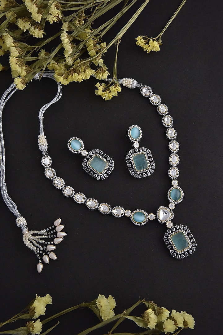 Black Rhodium Finish Mint Synthetic Stone Necklace Set In Sterling Silver by Swabhimann Jewellery at Pernia's Pop Up Shop