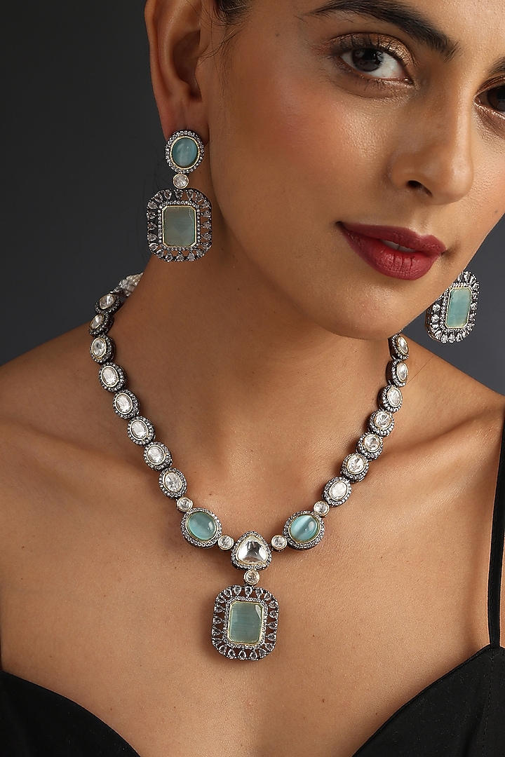 Black Rhodium Finish Mint Synthetic Stone Necklace Set In Sterling Silver by Swabhimann Jewellery at Pernia's Pop Up Shop