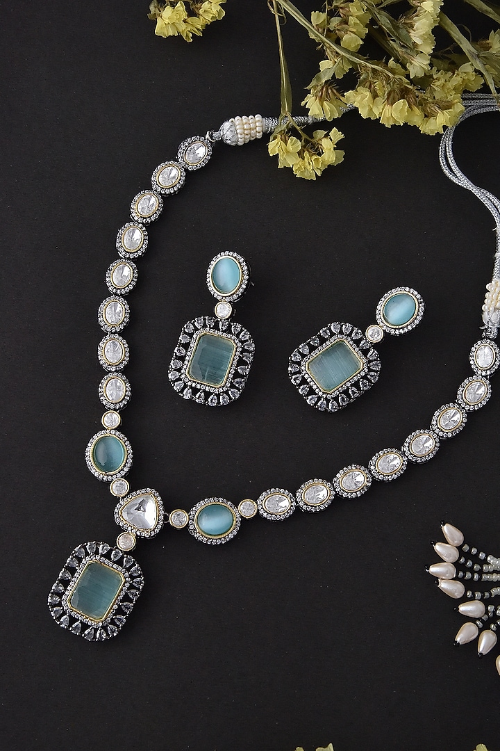 Black Rhodium Finish Mint Synthetic Stone Necklace Set In Sterling Silver by Swabhimann Jewellery at Pernia's Pop Up Shop