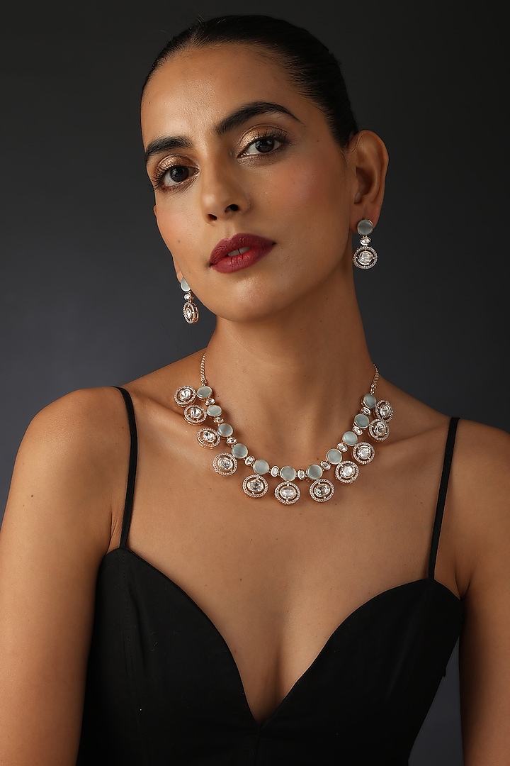 Rose Gold Finish Blue Kundan Polki Necklace Set In Sterling Silver by Swabhimann Jewellery at Pernia's Pop Up Shop