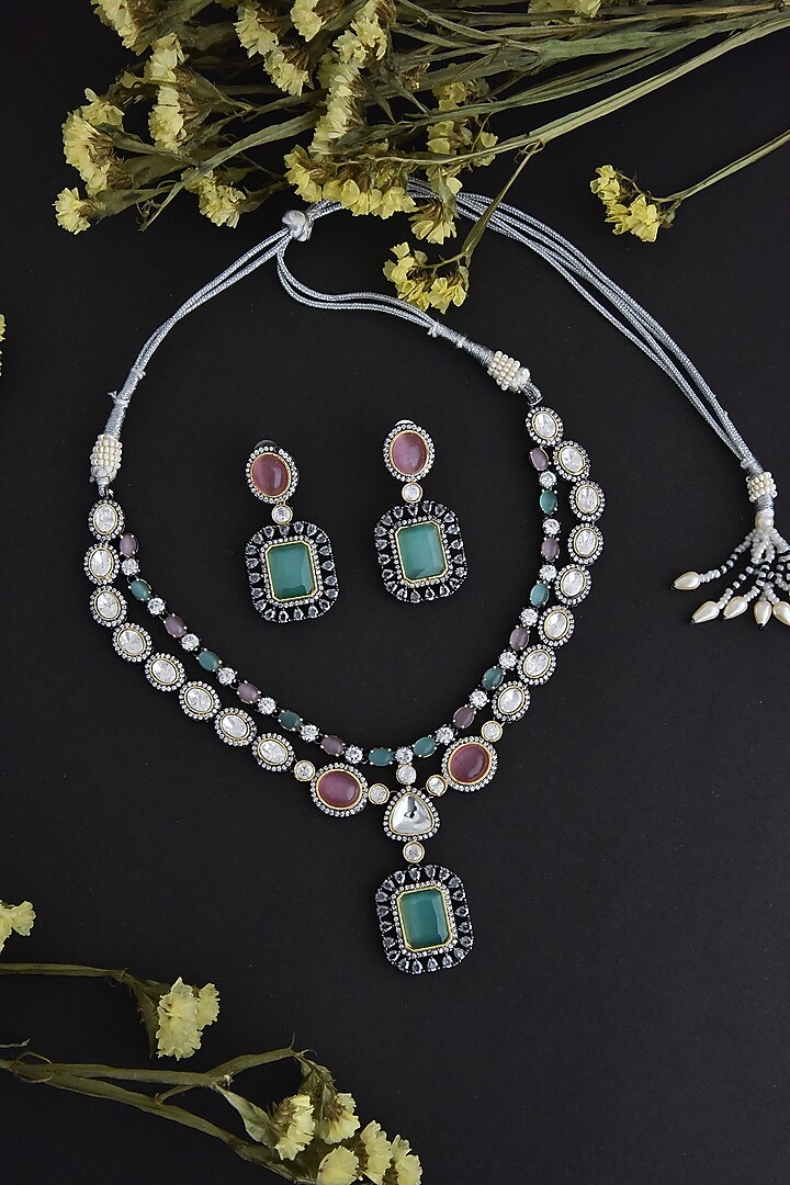 Black Rhodium Finish Pink & Mint Synthetic Stone Necklace Set In Sterling Silver by Swabhimann Jewellery at Pernia's Pop Up Shop