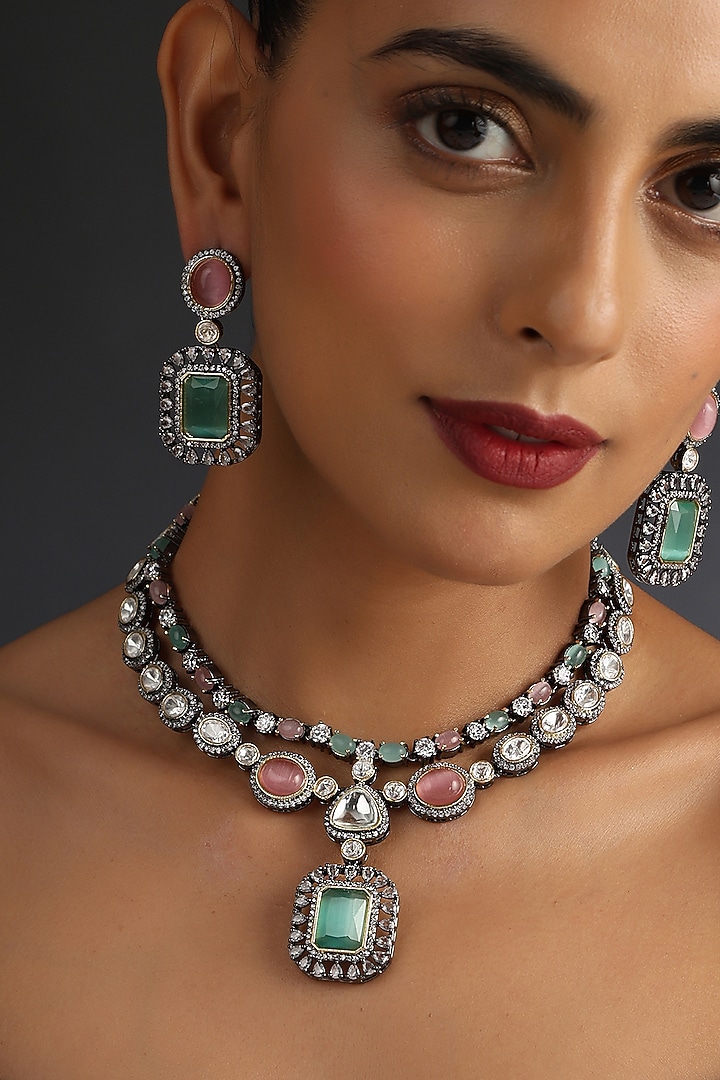 Black Rhodium Finish Pink & Mint Synthetic Stone Necklace Set In Sterling Silver by Swabhimann Jewellery at Pernia's Pop Up Shop