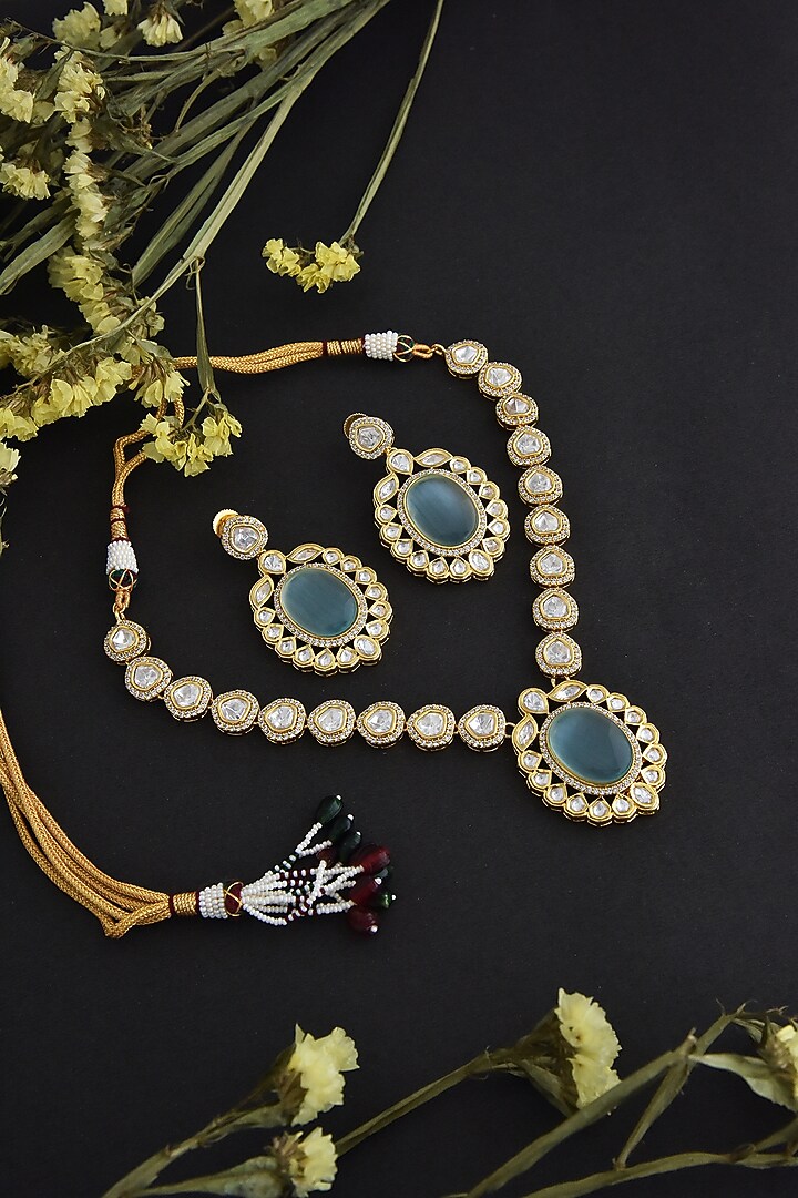 Gold Finish Mint Kundan Polki Necklace Set In Sterling Silver by Swabhimann Jewellery at Pernia's Pop Up Shop