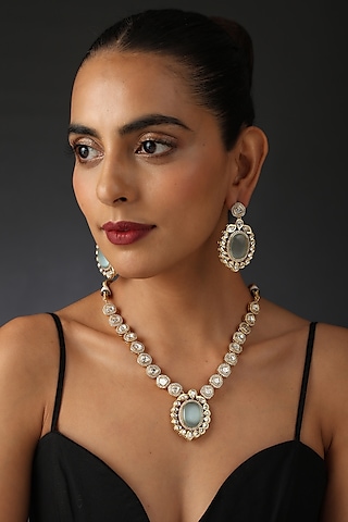 Gold Finish Mint Kundan Polki Necklace Set In Sterling Silver by Swabhimann Jewellery
