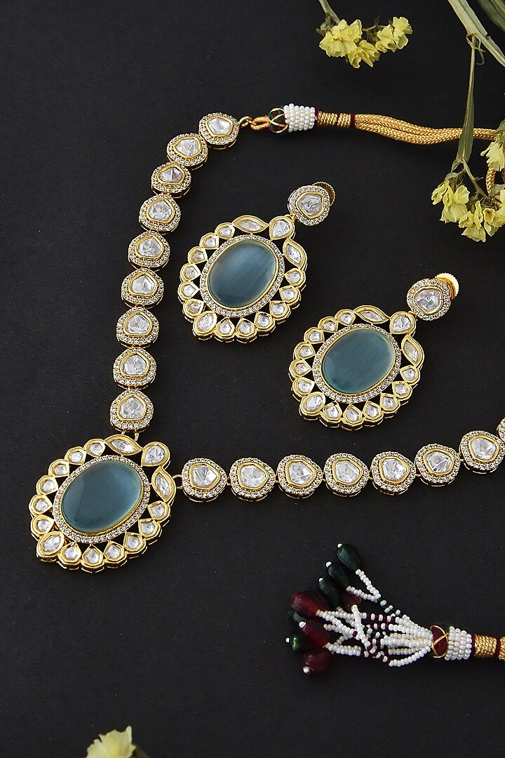 Gold Finish Mint Kundan Polki Necklace Set In Sterling Silver by Swabhimann Jewellery at Pernia's Pop Up Shop