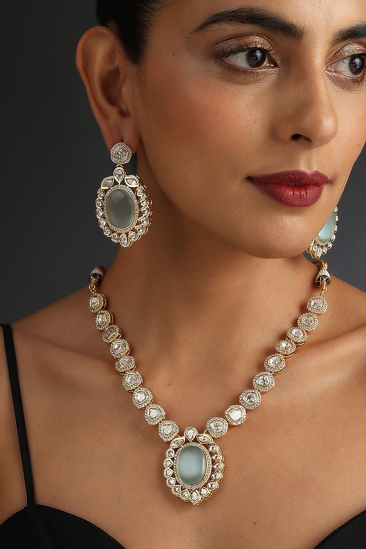 Gold Finish Mint Kundan Polki Necklace Set In Sterling Silver by Swabhimann Jewellery at Pernia's Pop Up Shop