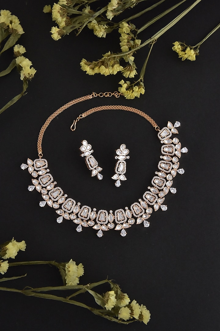 Rose Gold Finish Synthetic Stone & Kundan Polki Necklace Set In Sterling Silver by Swabhimann Jewellery at Pernia's Pop Up Shop