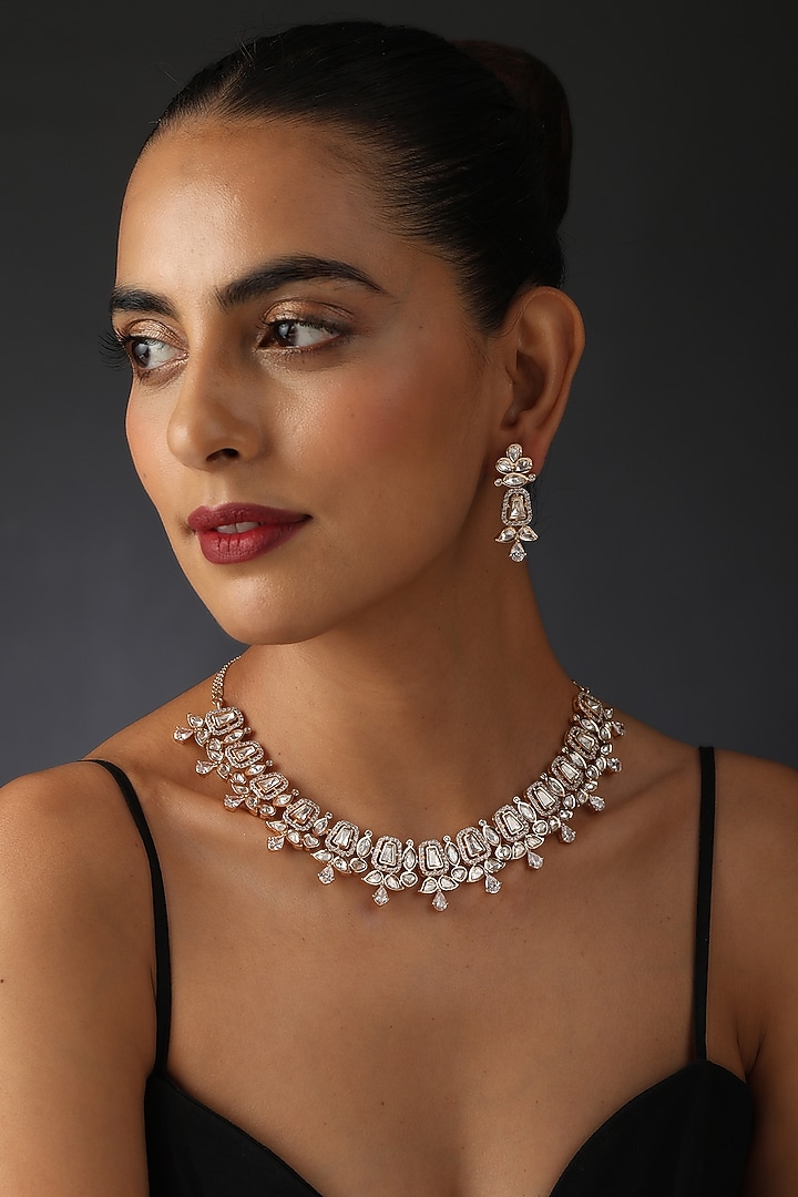Rose Gold Finish Synthetic Stone & Kundan Polki Necklace Set In Sterling Silver by Swabhimann Jewellery at Pernia's Pop Up Shop