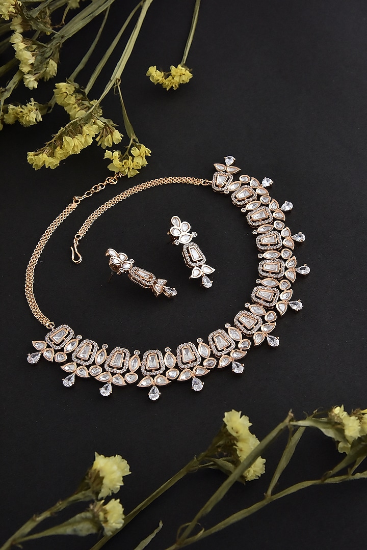 Rose Gold Finish Synthetic Stone & Kundan Polki Necklace Set In Sterling Silver by Swabhimann Jewellery at Pernia's Pop Up Shop